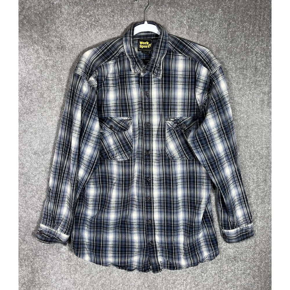 Work N Sport Flannel Shirt Mens Size XLT Blue Black Plaid Button Down Distressed